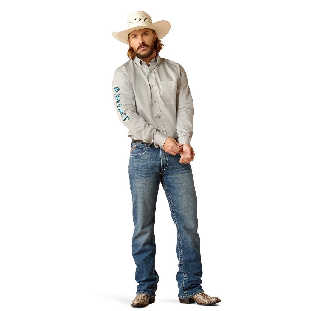 Ariat Light Grey Team Logo Men's Twill Fitted Longsleeve Collared Button Down Shirt 10048716