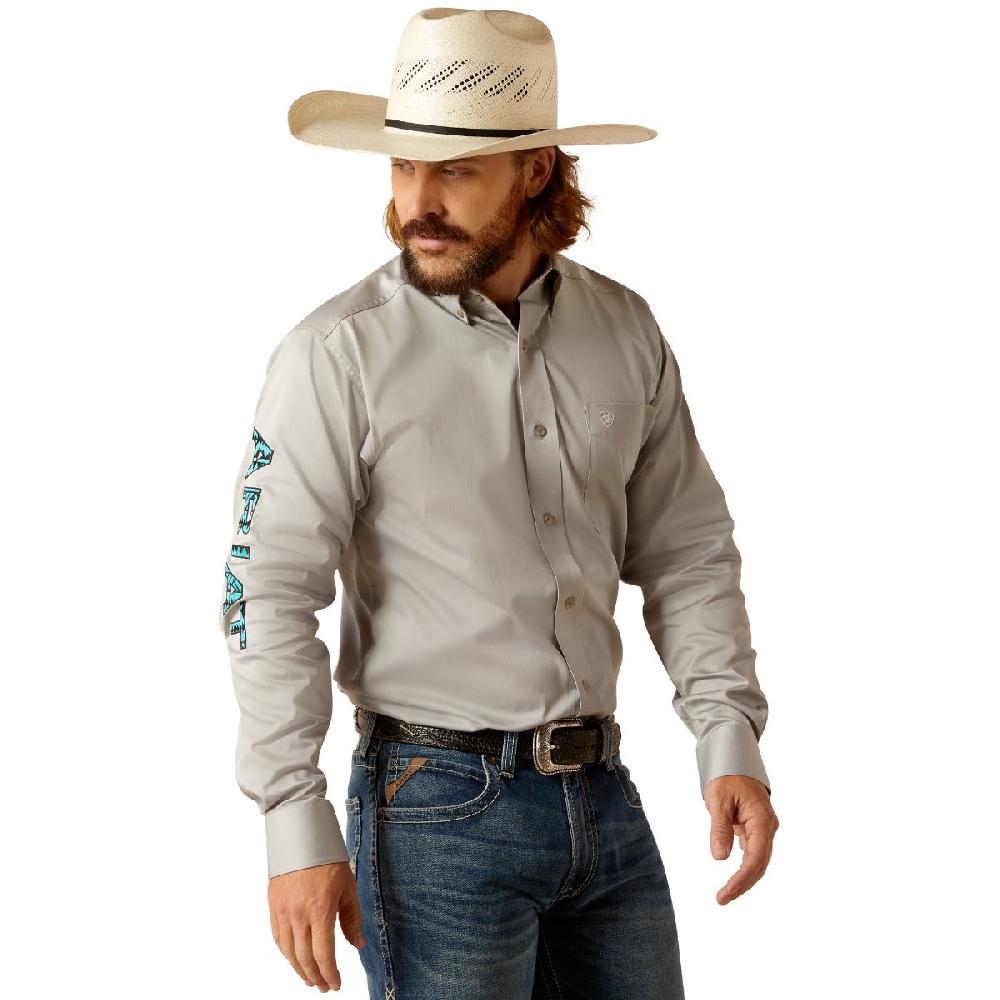 Ariat Light Grey Team Logo Men's Twill Fitted Longsleeve Collared Button Down Shirt 10048716