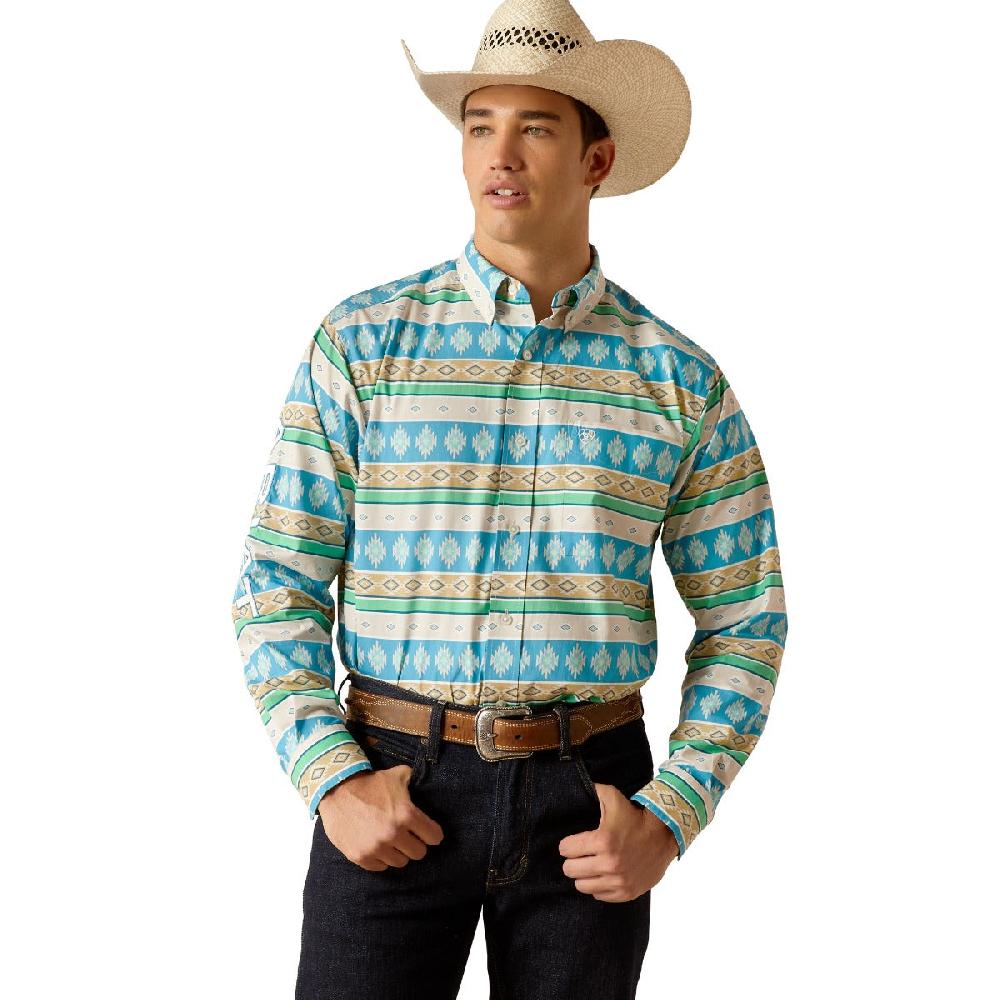 Ariat Moroccan Blue Print Team Christian Men's Long Sleeve Classic Fit Collared Button Front Shirt 10051523
