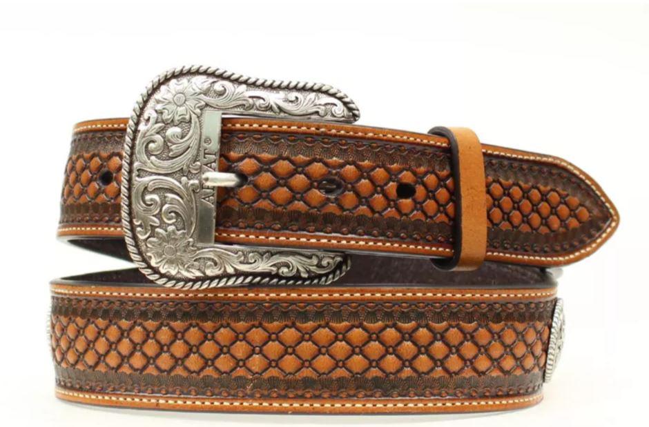 Ariat Natural/Brown Basketweave Men's Belt with Conchos and Fabric Ribbon Inlay A1013248
