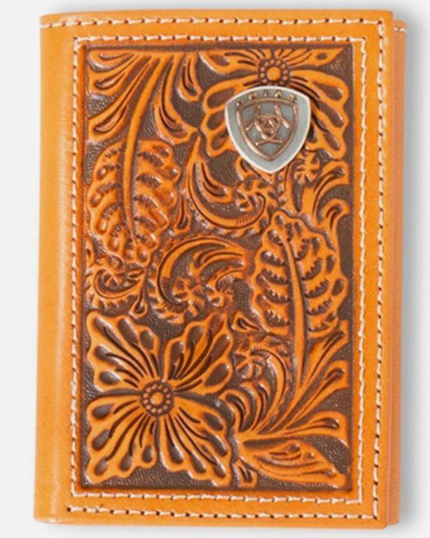 Ariat Natural Leather Trifold Style Men's Wallet with Floral Embossed Design A3559948