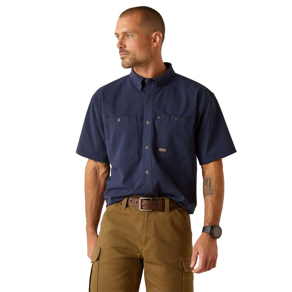 Ariat Navy Rebar Made Tough 360 Airflow Men's Collared Short Sleeve Button Front Work Shirt 10048947