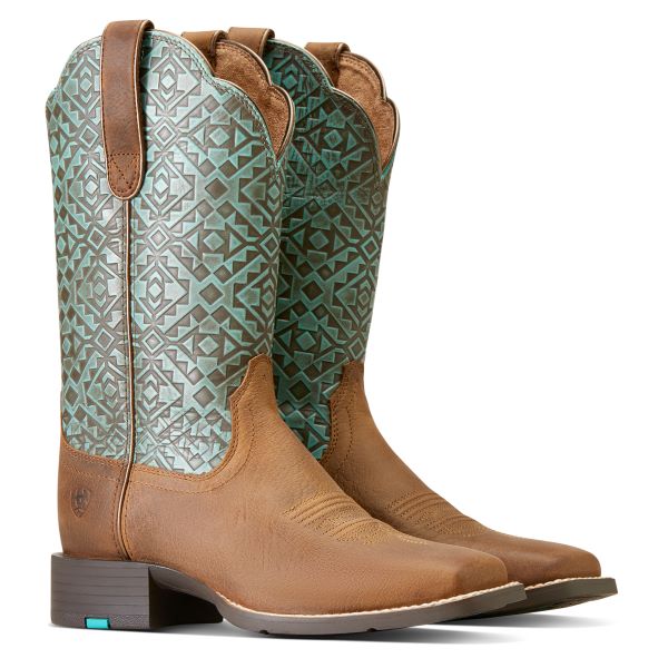 Ariat Old Earth/Turquoise Blanket Emboss Round Up Wide Square Toe Women's Boots 10046882