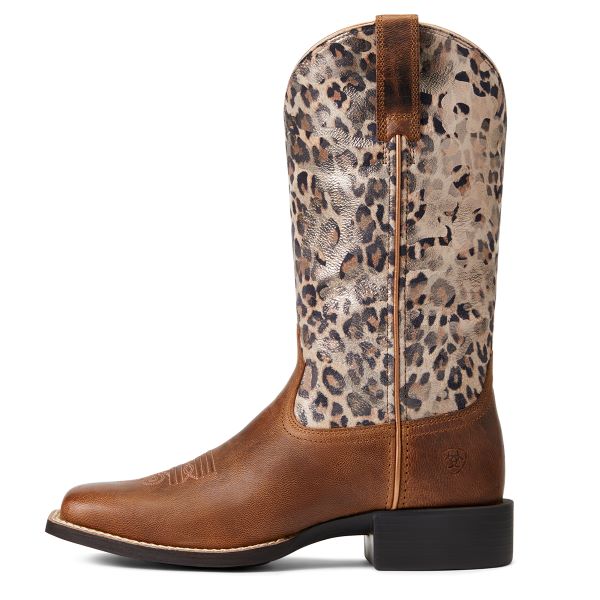 Ariat Pearl Brown With Leopard Print Top Round Up Wide Square Toe Womens Western Boots 10040363