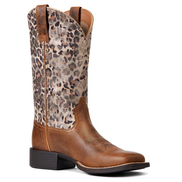Ariat Pearl Brown With Leopard Print Top Round Up Wide Square Toe Womens Western Boots 10040363