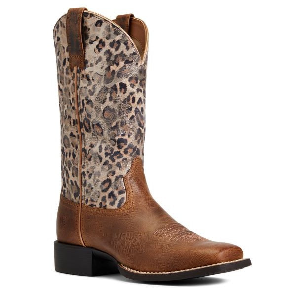 Ariat Pearl Brown with Leopard Print Top Round Up Wide Square Toe Womens Western Boots 10040363
