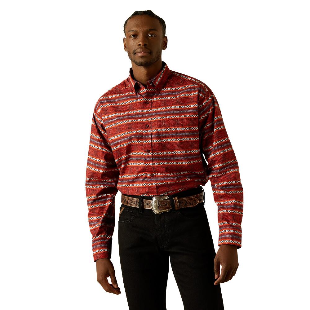 Ariat Red with Aztec Print/Stripe Tiago Men's Collared Button Front Longsleeve Classic Fit Shirt 10062185