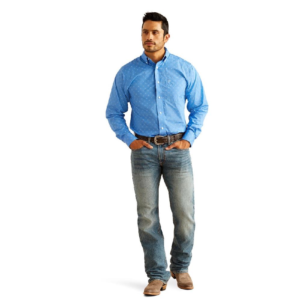 Ariat Regatta Blue With Print Wrinkle Free Russel Men's Fitted Button Down Longsleeve Collared Shirt 10048364