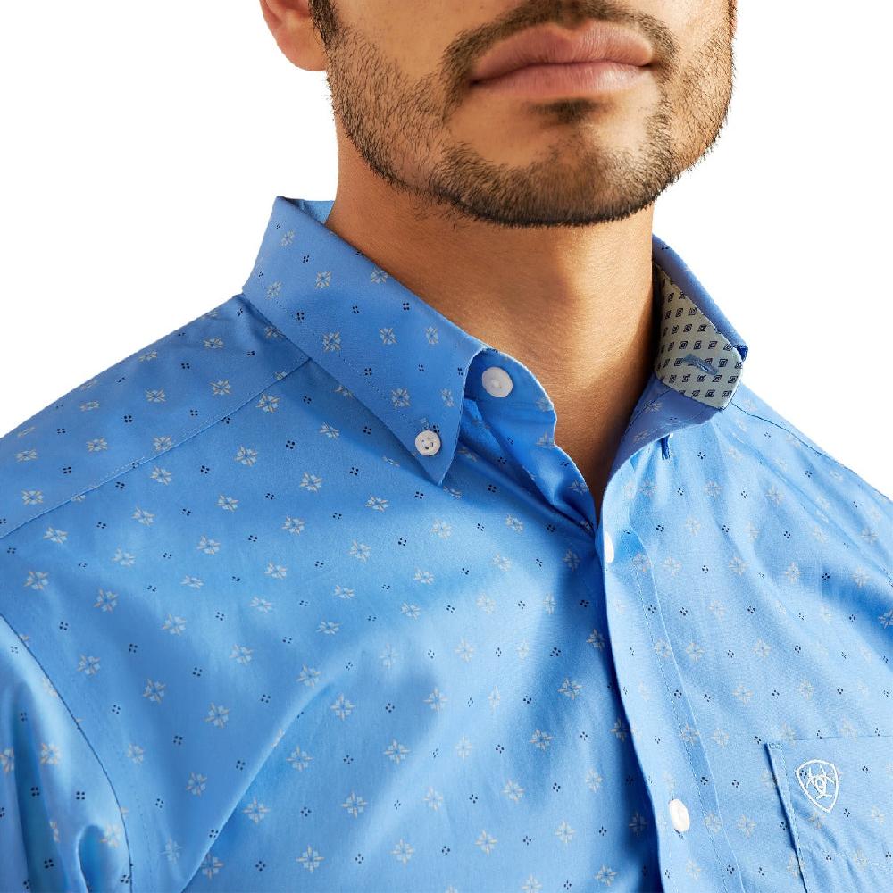 Ariat Regatta Blue With Print Wrinkle Free Russel Men's Fitted Button Down Longsleeve Collared Shirt 10048364