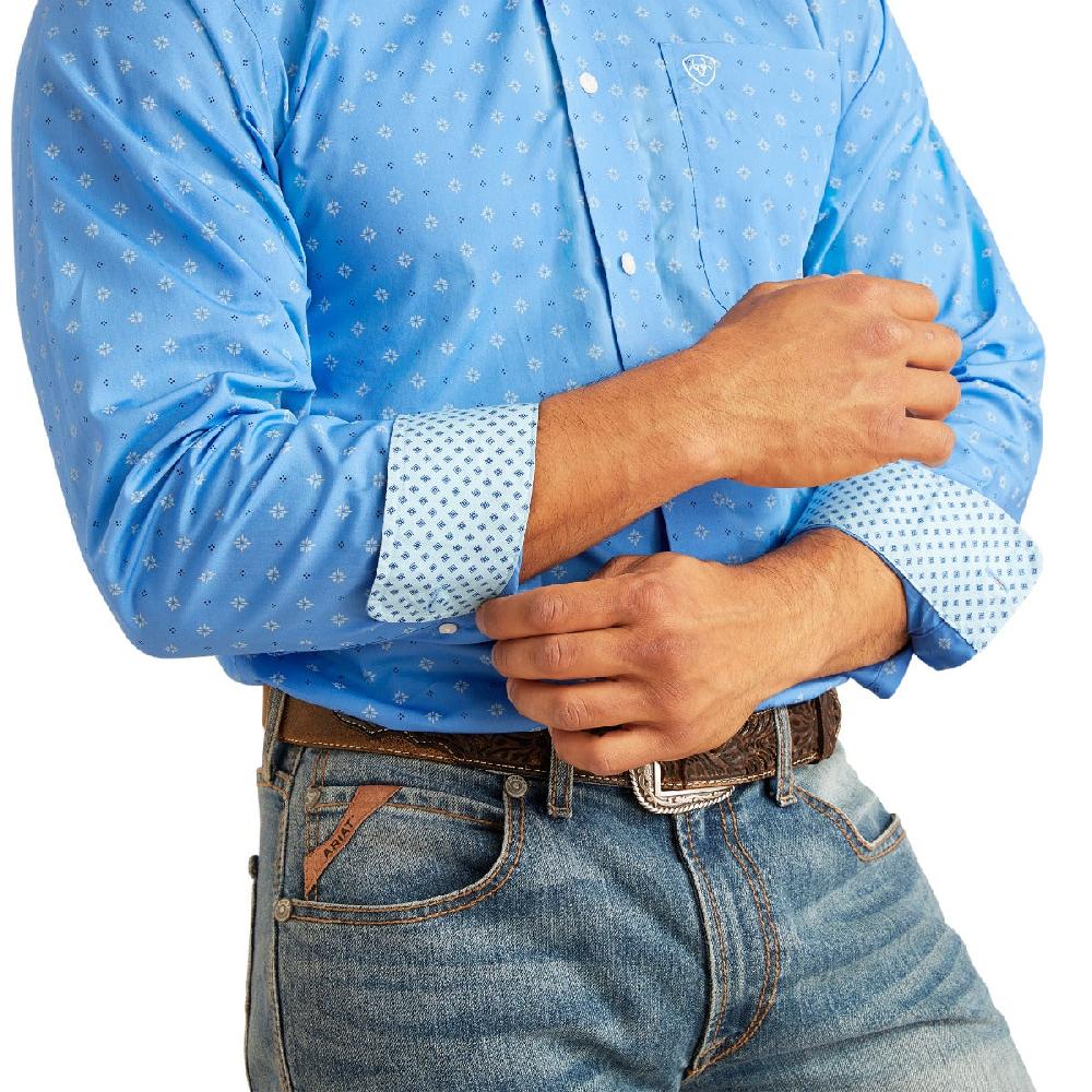 Ariat Regatta Blue With Print Wrinkle Free Russel Men's Fitted Button Down Longsleeve Collared Shirt 10048364