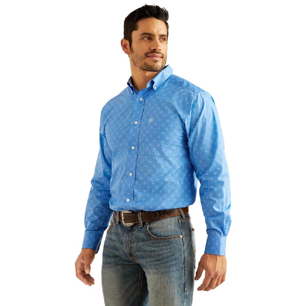 Ariat Regatta Blue with Print Wrinkle Free Russel Men's Fitted Button Down Longsleeve Collared Shirt 10048364