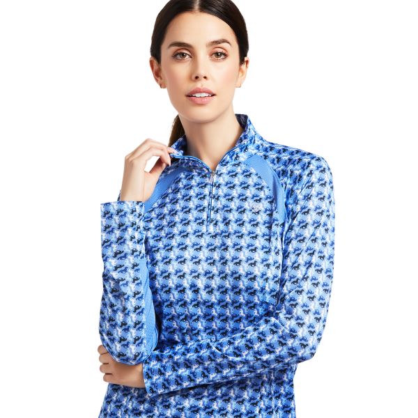 Ariat Reykjavik Ditsy Horse Blue Sunstopper 2.0 1/4 Zip Baselayer Womens Tops 10039355