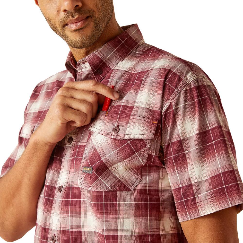 Ariat Roan Rouge Plaid Rebar Made Tough Durastretch Men's Collared Short Sleeve Button Down Shirt 10048892