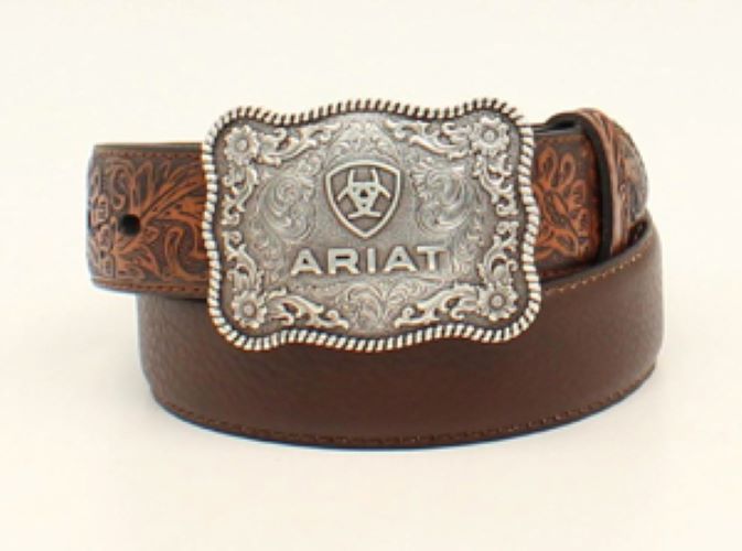 Ariat Rustic Distressed Brown Boy's Leather Belt with Antiqued Silver Floral Buckle A1301002