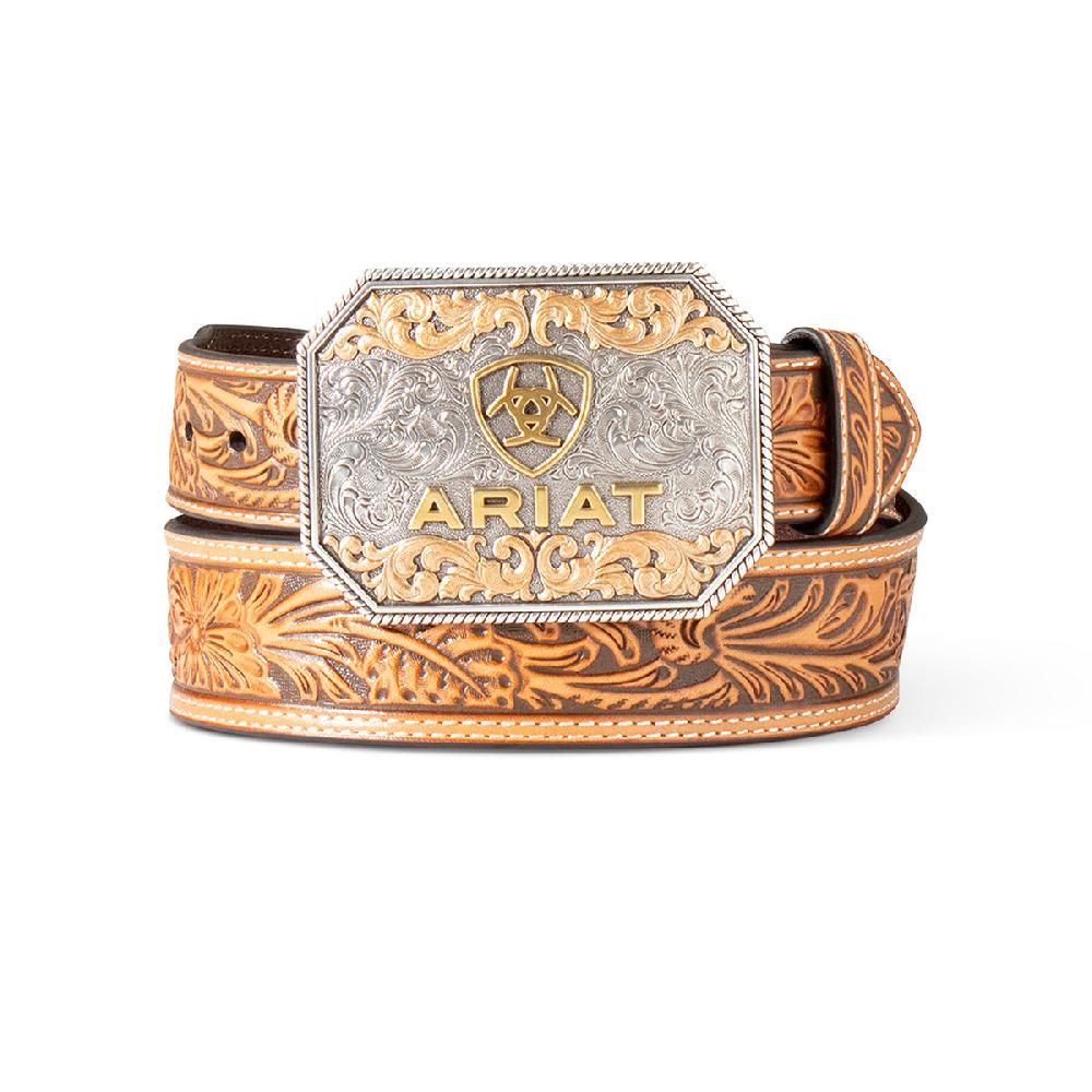 Ariat Tan Genuine Leather Men's Tapered Belt with Embossed Floral Body A1042208