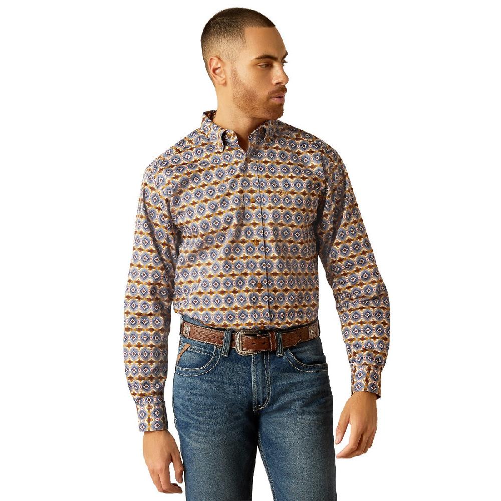 Ariat Tennessee Brown Sugar and Steel Blue Aztec Print Classic Fit Collared Men's Longsleeve Shirt 10052613