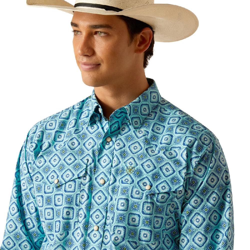 Ariat Turquoise Aztec Print Pearson Men's Classic Fit Longsleeve Snap Front Collared Shirt 10048500
