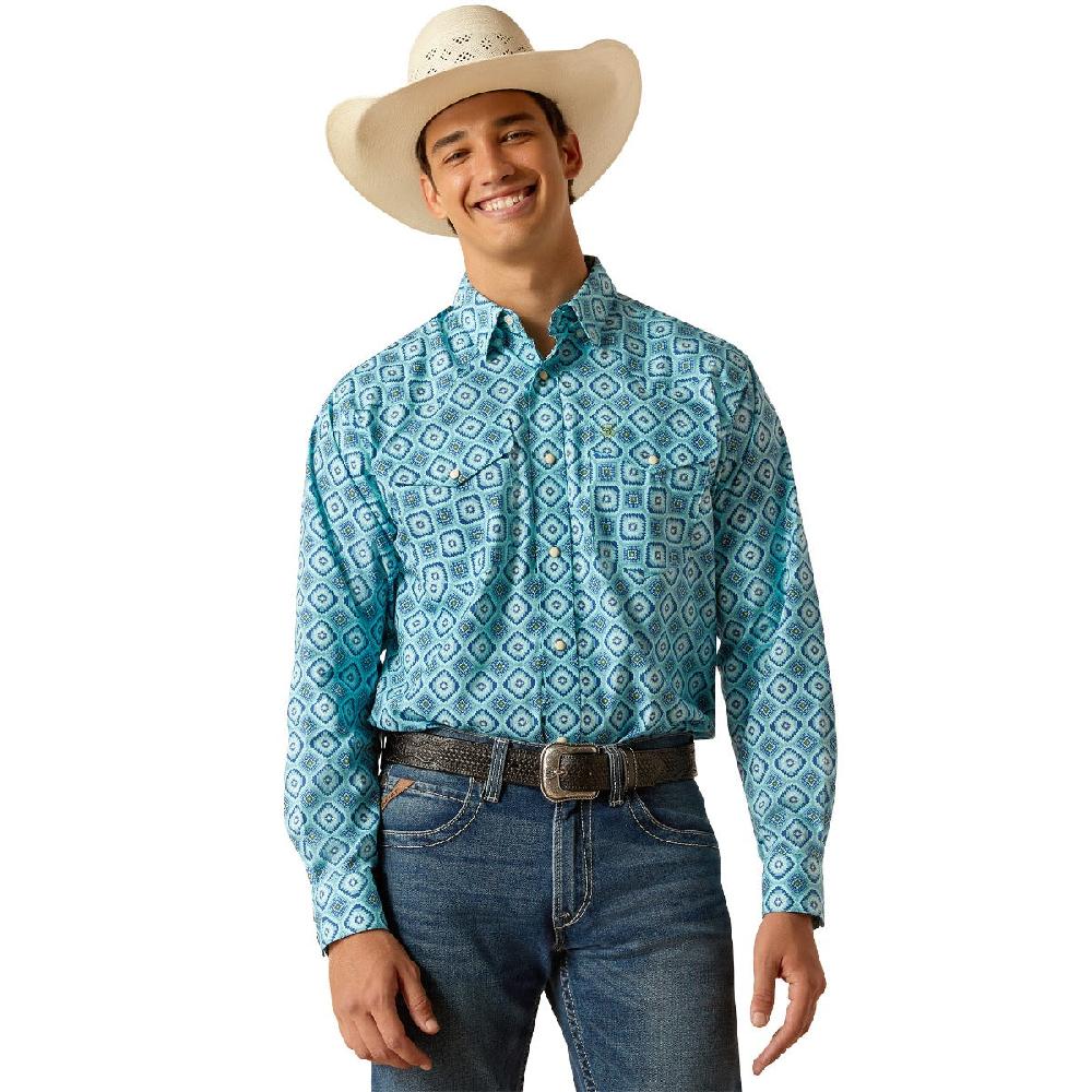 Ariat Turquoise Aztec Print Pearson Men's Classic Fit Longsleeve Snap Front Collared Shirt 10048500