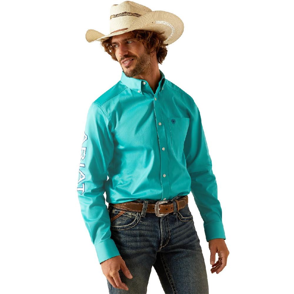 Ariat Turquoise/Blue Team Logo Men's Twill Classic Fit Collared Longsleeve Shirt 10055407