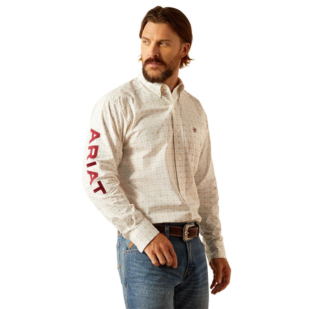 Ariat White/Brick Team King Men's Classic Fit Collared Longsleeve Button Down Shirt 10054639