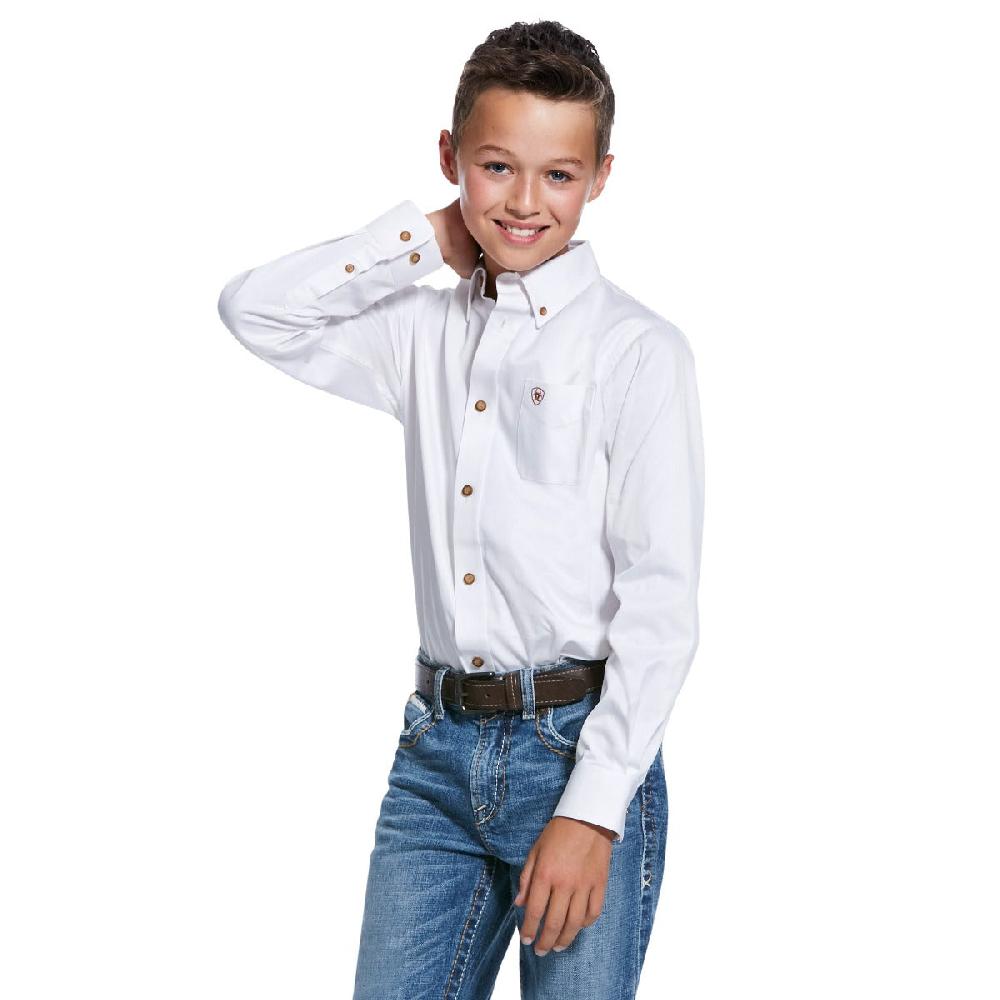 Ariat White Solid Twill Collared Button Down Classic Fit Boys Longsleeve Shirt 10030162