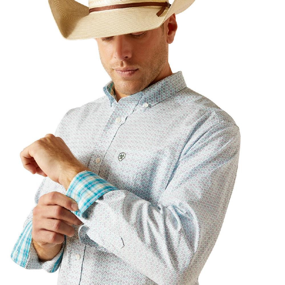 Ariat White With Blue And Print Kolton Classic Fit Wrinkle Free Collared Men's Button Down Longsleeve Shirt 10051239