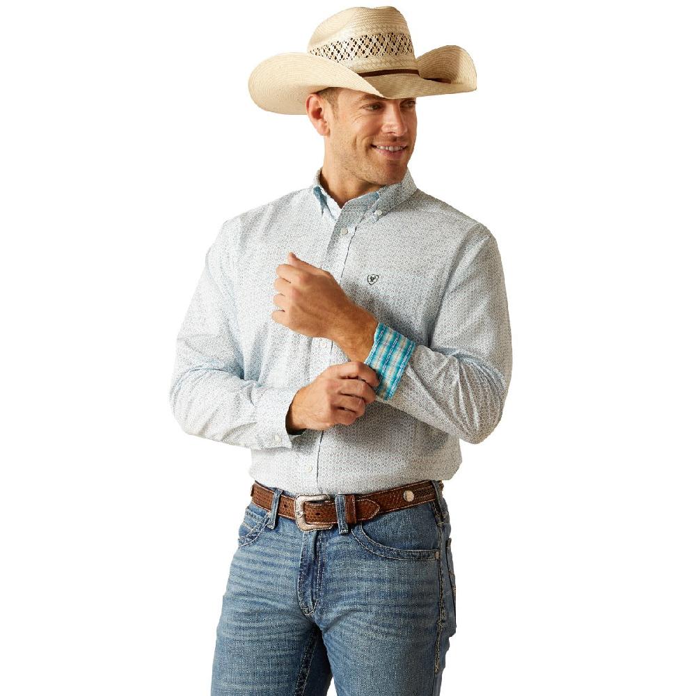 Ariat White with Blue and Print Kolton Classic Fit Wrinkle Free Collared Men's Button Down Longsleeve Shirt 10051239