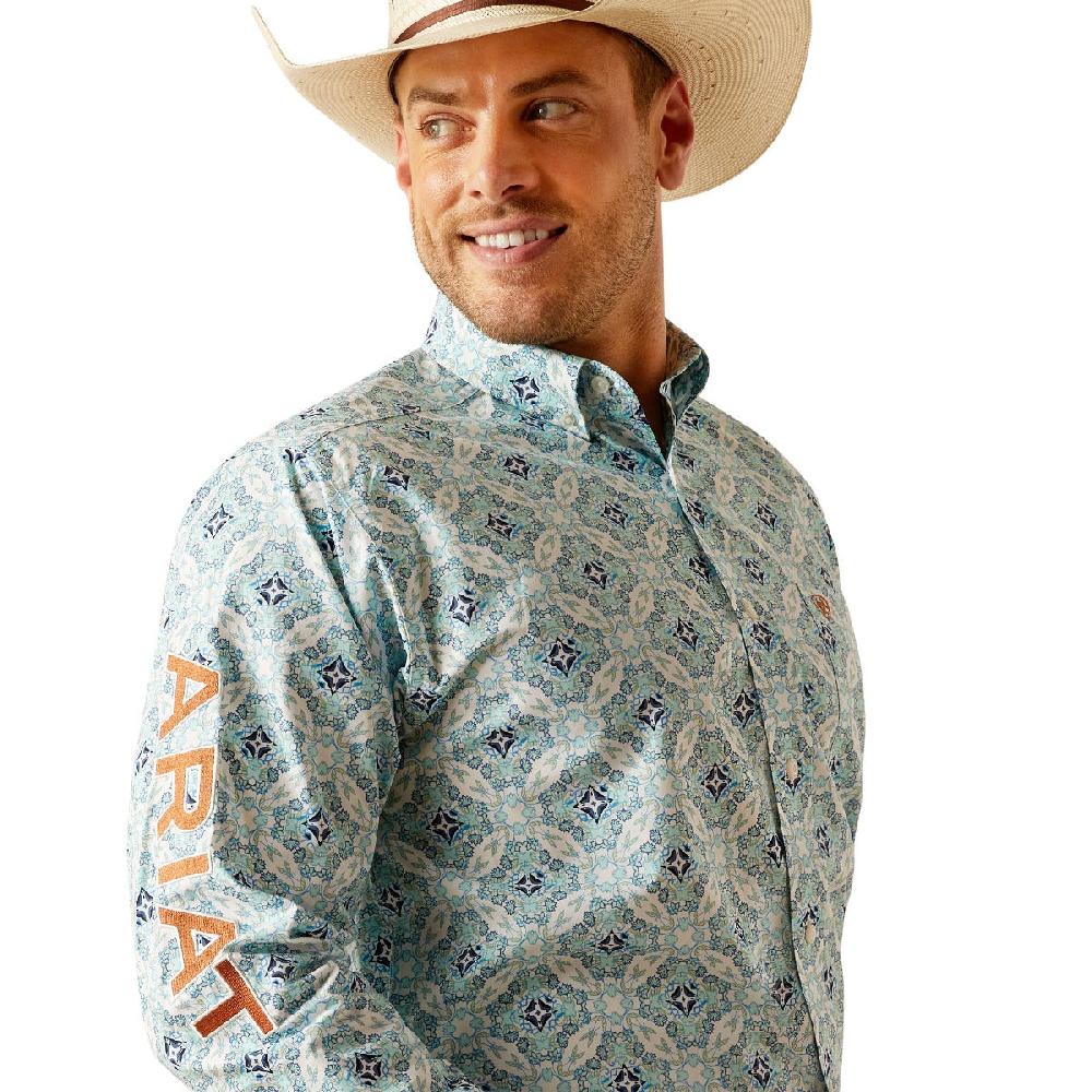 Ariat White With Blue Medallion Print Team Emmett Classic Fit Collared Men's Longsleeve Shirt 10050533