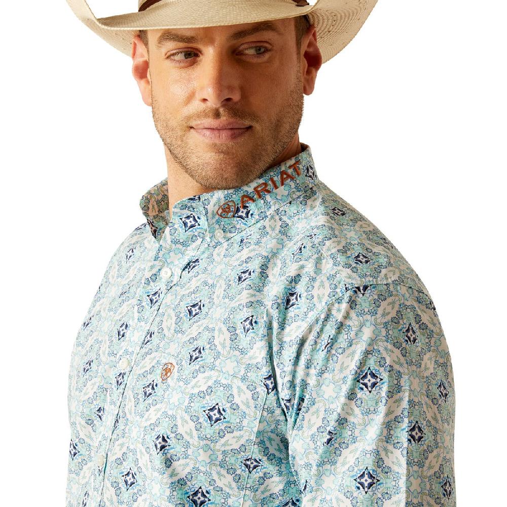 Ariat White With Blue Medallion Print Team Emmett Classic Fit Collared Men's Longsleeve Shirt 10050533