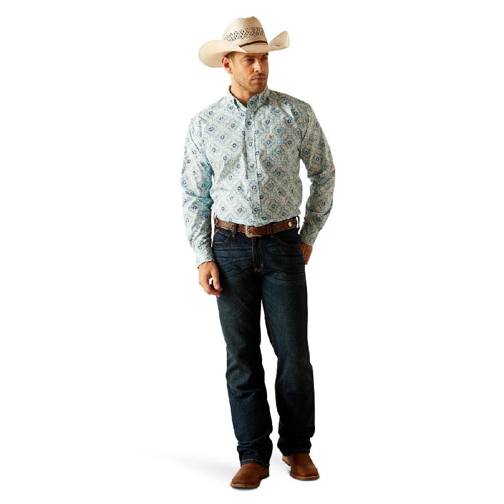 Ariat White With Blue Medallion Print Team Emmett Classic Fit Collared Men's Longsleeve Shirt 10050533