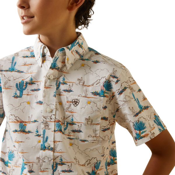Ariat White (With Cactus Print) Krish Boys Short Sleeve Classic Fit Shirt 10043721