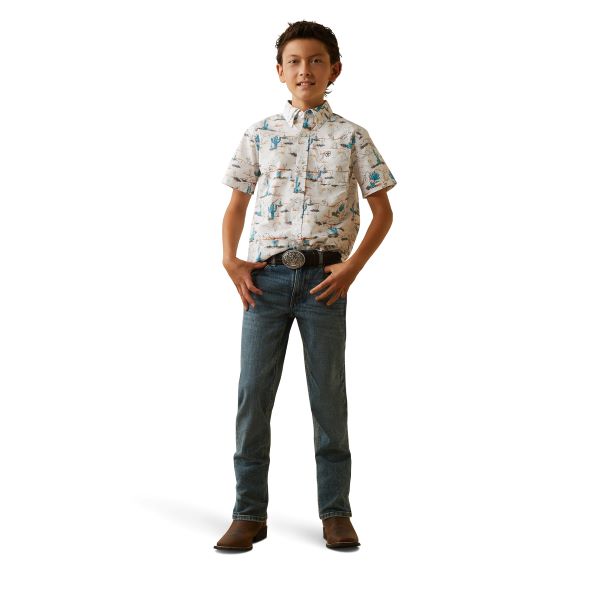 Ariat White (With Cactus Print) Krish Boys Short Sleeve Classic Fit Shirt 10043721
