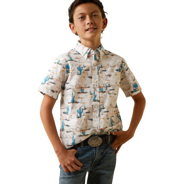 Ariat White (With Cactus Print) Krish Boys Short Sleeve Classic Fit Shirt 10043721