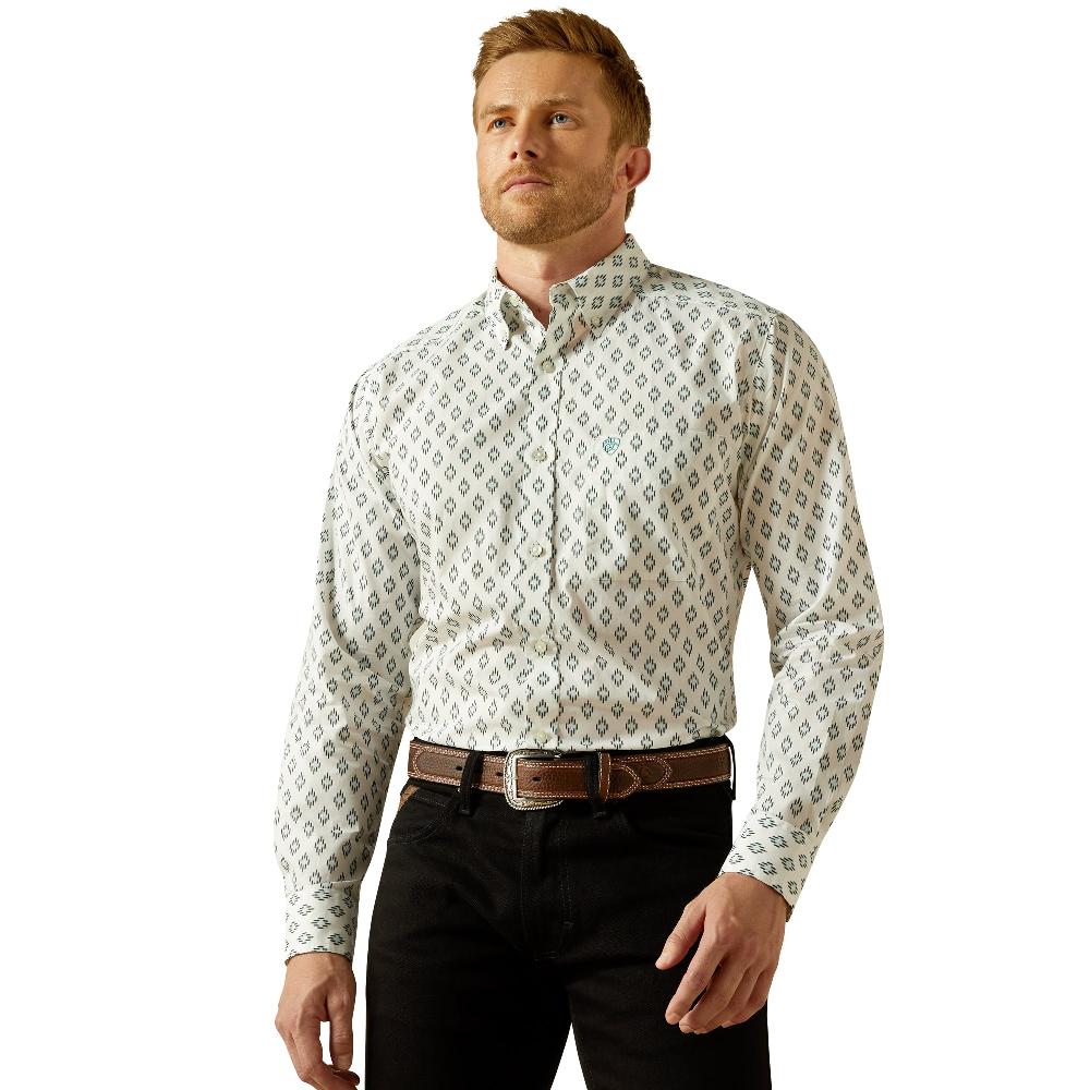 Ariat White with Diamond Print Bass Men's Collared Longsleeve Fitted Button Front Shirt 10062203