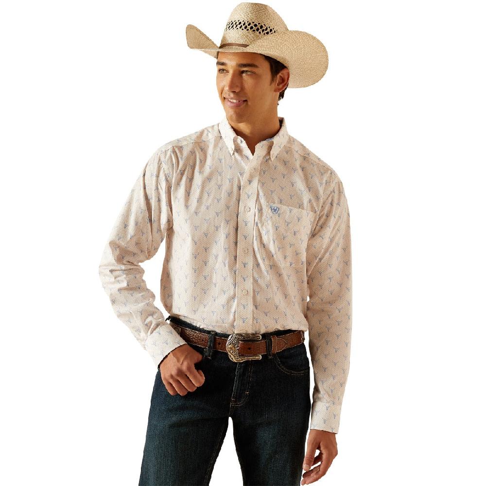 Ariat White with Print Wrinkle Free Ridge Classic Fit Men's Longsleeve Collared Button Down Shirt 10048365
