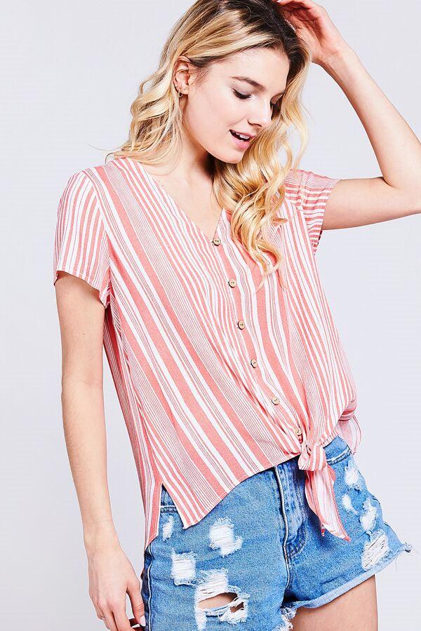Baeverly Coral Stripe Button Down Womens Top BT2139