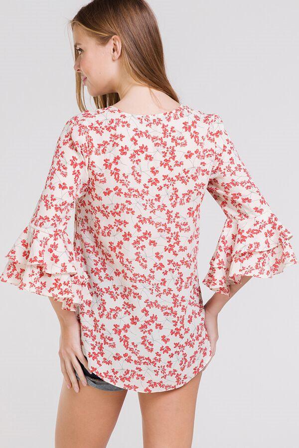 Beavely Red Floral Front Tie Womens Top BT2185