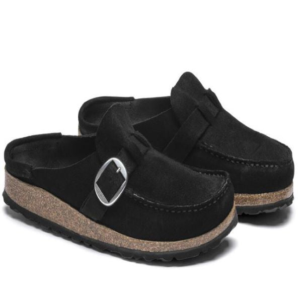 Birkenstock Black Buckley Suede Leather Womens Clog Shoes 1017826-N