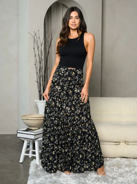 Black Floral Tiered Button Front Womens Maxi Skirt I-5-D-CS1492