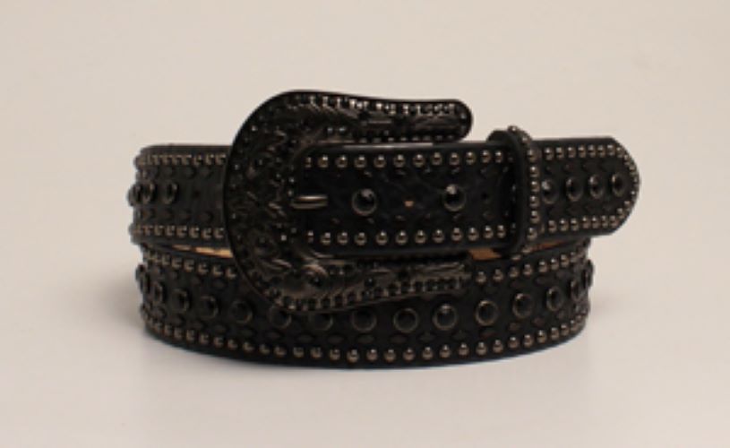Black Leather Rhinestone Accent Belt with Black Rhinestone Buckle N3410201