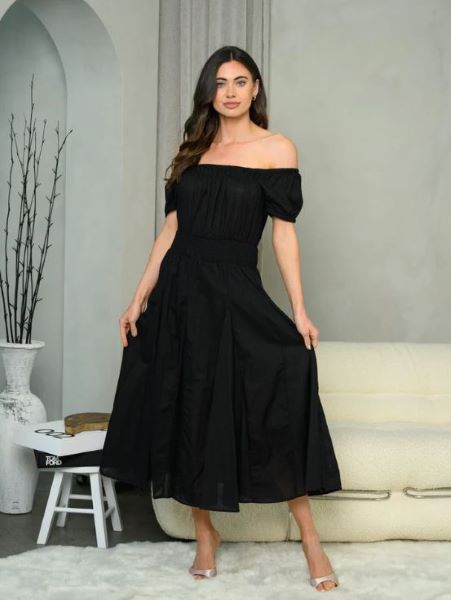 Black Short Sleeve Off Shoulder Women's Smock Waist Midi Dress DD-10-D-HF22C7