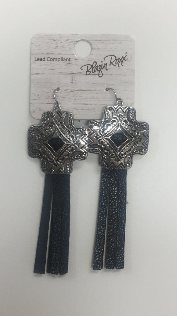 Blazin Roxx Silver Cross Concho with Black Tassel Earrings 30441