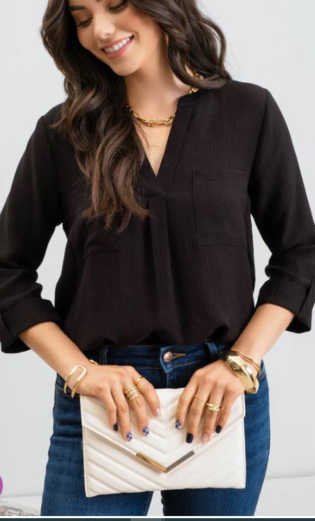 Blu Pepper Black Double Chest Pocket Women's Woven Top CR1976-BLK