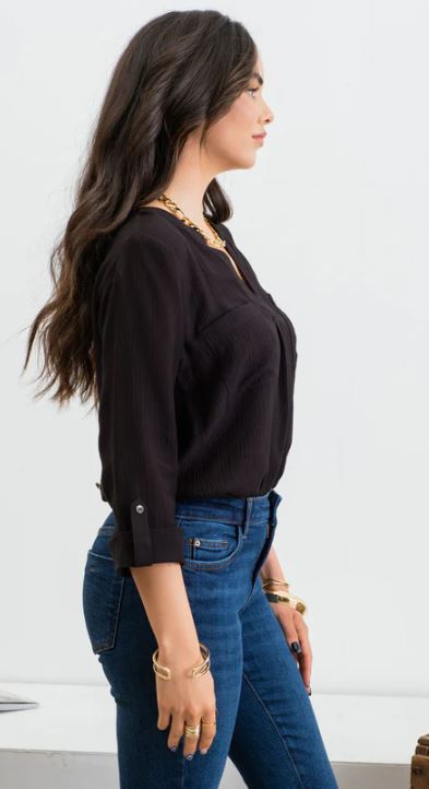 Blu Pepper Black Double Chest Pocket Women's Woven Top CR1976-BLK