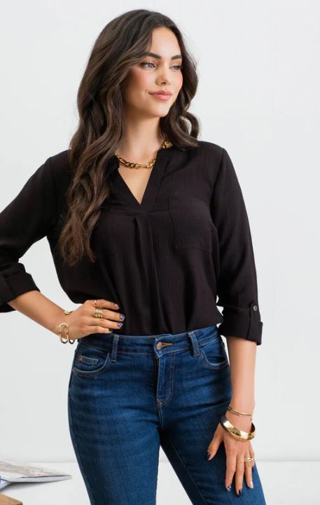 Blu Pepper Black Double Chest Pocket Women's Woven Top CR1976-BLK