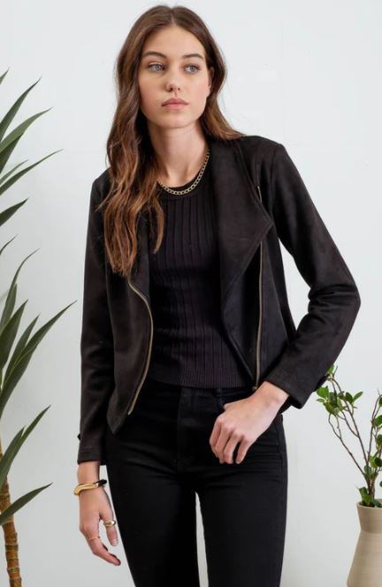 Blu Pepper Black Faux Suede Zip Up Moto Jacket CR2311