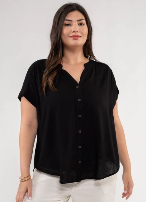 Blu Pepper Black Short Roll Sleeve Curvy Size Button Down Shirt PCR2027