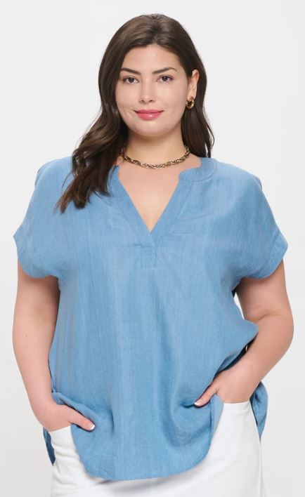 Blu Pepper Blue Chambray Split Neck Curvy Size Short Sleeve Blouse PCR2406