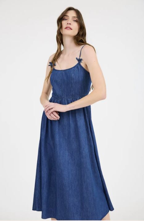 Blu Pepper Blue Denim Midi Sleeveless Dress with Bow Detail B5SD1060