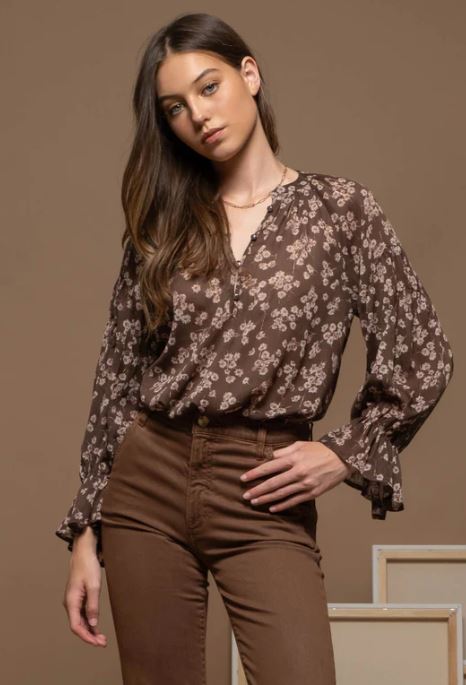 Blu Pepper Brown Floral Long Sleeve Blouse CR1813